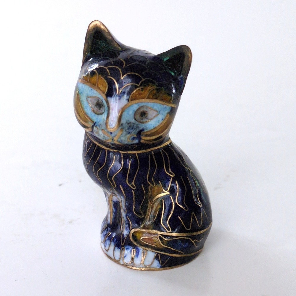 Vtg 2" Cloisonne Sitting Cat Figurine Cobalt Blue Gold Enamel Miniature Kitty